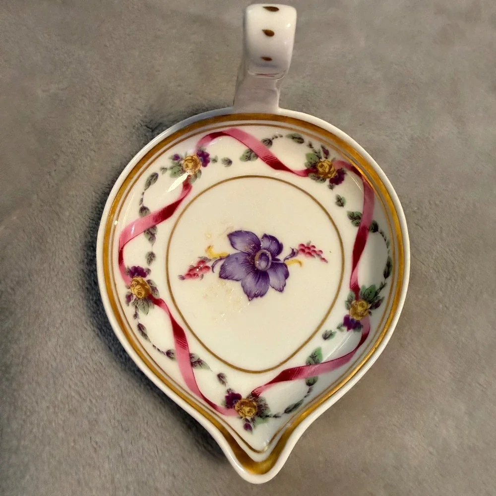 Richard Ginori Hand Painted Pink Ribbon Floral‎ Bonbon Dish Italy w/ Handle
